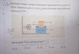 M
4. Şekildeki kütleler hareket halindeyken ipteki gerilme kuvveti 10
N'dur. Sistemde yalnız m, ile m, arası sürtünmeli olup sürtünme
katsayısı 0,5'tir.
F+15
4
Buna göre, F kuvveti kaç N'dur?
A) 15
m₂-3 kg
B) 20
C) 25
m,= 1 kg
F
D) 30
E) 40