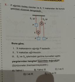 7.6 P ağırlıklı özdeş cisimler ve X, Y makaraları ile kurulu
şekildeki düzenek dengededir.
S, ipi
P
A) Yalnız I
X
no
Buna göre;
I. X makarasının ağırlığı P kadardır.
II. Y makarası ağırlıksızdır.
III. S ve S₂ iplerindeki gerilme kuvvetleri eşittir.
S₂ ipi
yargılarından hangileri kesinlikle doğrudur?
(Sürtünmeler önemsenmeyecektir.)
D) I ve III
B) Yalnız III
C) I ve II
E) I, II ve III