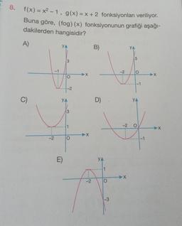 8. f(x)=x²-1, g(x)= x + 2 fonksiyonları veriliyor.
Buna göre, (fog)(x) fonksiyonunun grafiği aşağı-
dakilerden hangisidir?
A)
C)
-2
T
YA
3
E)
lo
O
-2
YA
3
1
O
-X
-2
B)
D)
O
-3
-2
3
X
O
-1
-2 O
-1
➜X
-X