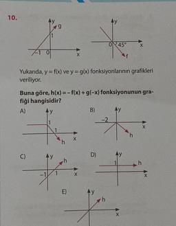 10.
-1 0
C)
g
*
Yukarıda, y = f(x) ve y = g(x) fonksiyonlarının grafikleri
veriliyor.
1
Buna göre, h(x) = -f(x) + g(-x) fonksiyonunun gra-
fiği hangisidir?
A)
4y
h
X
h
E)
+
0 45°
X
X
B)
D)
-2
h
f
Ay
X
X
h
h
X
X