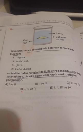 11.
18 2E 3C4D 5D 6C 7E 8 E 9 A 10 E116
Cam
kap
Yukarıdaki deney düzeneğinde bağırsak torba içinde
bulunan;
I. nişasta,
II. amino asit,
III. glikoz,
IV. karbondioksit
gözlenebilir?
A) I ve II
Saf su
Bağırsak
torbası
B) II ve III
moleküllerinden hangileri i