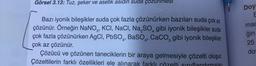 Görsel 3.13: Tuz, şeker ve asetik asıdın suda çözünmesi
Bazı iyonik bileşikler suda çok fazla çözünürken bazıları suda çok az
çözünür. Örneğin NaNO, KCI, NaCl, Na, SO gibi iyonik bileşikler suda
çok fazla çözünürken AgCl, PbSO4, BaSO4, CaCO3 gibi iyonik bileşikler
çok az çözünür.
Çözücü ve çözünen taneciklerin bir araya gelmesiyle
Çözeltilerin farklı özellikleri ele alınarak farklı zelt
çözelti oluşur.
aları
Doy
E
mac
ğin
25
do