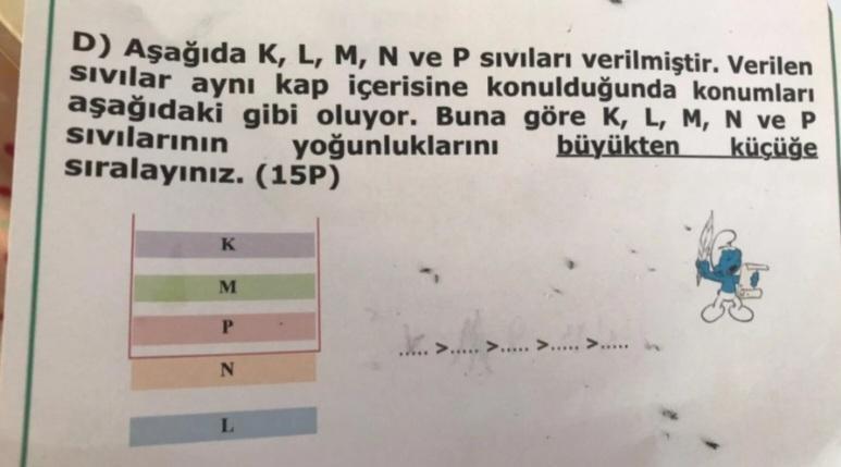 D) Aşağıda K, L, M, N ve P sıvıları verilmiştir. Verilen
Sivilar aynı kap içerisine konulduğunda konumları
aşağıdaki gibi oluyor. Buna göre K, L, M, N ve P
Sıvılarının
yoğunluklarını
büyükten
küçüğe
sıralayınız. (15P)
K
M
P
N
www