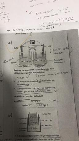(3
5,34
144
mgi-
me
de
5)
(6)
Cu(k)-
17de
Su love carce on teret
Anottur.!
0000000
XM Cu(NO3)2
2₁ Cindligens
Cu Curieseltpers
Tuz köprüsü
3. çözelti
2. çözelti
D#vell
0000000
Y M Cu(NO3)2
(pipelin!)
> -1,1
aren 170128
1. yan hücre
2 yan hücre
Şekildeki derişim pilinde 2. yarı hücreye su ilave
edildiğinde pil gerilimi arttığına göre;
1. X<Y dir.
II. Diş devrede elektron akışı 2. yarı hücreden 1. ya-
n hücreye doğrudur.
B) Yainiz III
z (suda)
III. Tuz köprüsündeki katyonlar 1. yan hücreye, an-
yonlar 2. yarı hücreye doğru hareket eder.
✓
Ifadelerinden hangileri doğrudur?
A) Yanız II
(suda)
Cu(k)
1. çözeltiX (suda)
(Anot defsionow
(KELD O
Ast
4941
E), Ive Ill
C) I ve II
3. kap: X(k)
06)
2. kap: Y(k)
→1. kap: Z(k)
X, Y, Z metallerinden yapılmış ve içerisinde belirtilen
Avere çözeltiler bulunan şekildeki sistemde, kaplar çözel-