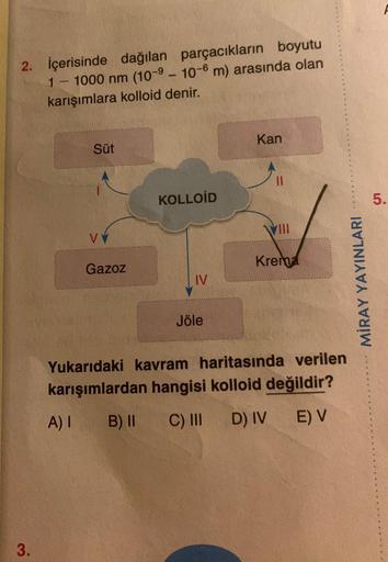 2. İçerisinde dağılan parçacıkların boyutu
1 - 1000 nm (10-9-10-6 m) arasında olan
karışımlara kolloid denir.
3.
Süt
A) I
VY
Gazoz
KOLLOID
IV
Jöle
Kan
Will
Krema
Yukarıdaki kavram haritasında verilen
karışımlardan hangisi kolloid değildir?
B) II
C) III D)