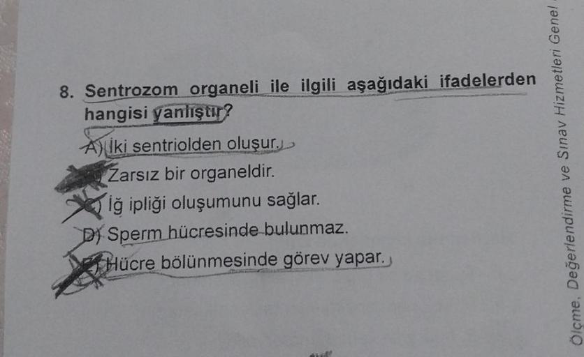 8. Sentrozom organeli ile ilgili aşağıdaki ifadelerden
hangisi yanlıştır?
Aiki sentriolden oluşur.
Zarsız bir organeldir.
Iğ ipliği oluşumunu sağlar.
D) Sperm hücresinde bulunmaz.
Hücre bölünmesinde görev yapar.
Phill
Ölçme, Değerlendirme ve Sınav Hizmetle