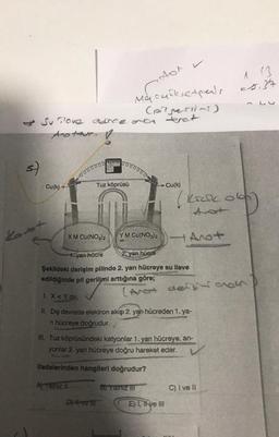 s
Su nove edince oren terat
Anotour.
V
Cu(k)
Kavet
0000000
Stor
Macucketpair
(pilseries)
X M Cu(NO3)2
A) Yanız il
0000000
Tuz köprüsü
D#vel
Y M Cu(NO3)2 Anot
1 yan hücre
2 yan hücre
Şekildeki derişim pilinde 2. yarı hücreye su ilave
edildiğinde pil gerilimi arttığına göre;
1. X<Y dir.
II. Dış devrede elektron akışı 2. yarı hücreden 1.ya-
n hücreye doğrudur.
Cu(k)
III. Tuz köprüsündeki katyonlar 1. yan hücreye, an-
yonlar 2. yarı hücreye doğru hareket eder.
ifadelerinden hangileri doğrudur?
B) Yainiz il
(KILDL old
Ast
E) I, ve III
(Anot defisit onown
1 13
= 2.37
104)
C) I ve II
33