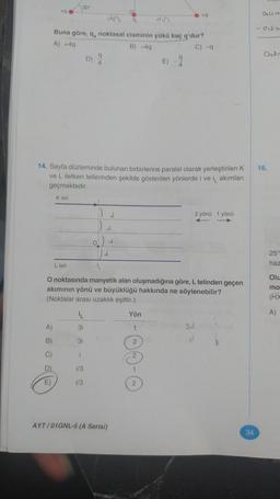 +q
A)
B)
C)
D)
E)
30°
dvs
Buna göre, q noktasal cisminin yükü kaç q'dur?
A) +4q
B) -4q
C) -q
L teli
14. Sayfa düzleminde bulunan birbirlerine paralel olarak yerleştirilen K
ve L iletken tellerinden şekilde gösterilen yönlerde i ve i akımları
geçmektedir.
K teli
İL
3i
3i
i
q
D) A
1/3
1/3
2
O noktasında manyetik alan oluşmadığına göre, L telinden geçen
akımının yönü ve büyüklüğü hakkında ne söylenebilir?
(Noktalar arası uzaklık eşittir.)
9.
J
AYT/01GNL-5 (A Serisi)
+q
Yön
1
2
2
1
2
d
2 yönü 1 yönü
34
Oum
- 012 m
0120
16.
25°
haz
Olu
mo
A)