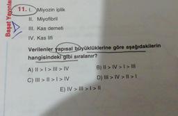 Başat Yayınlar
11. I. Miyozin iplik
II. Miyofibril
III. Kas demeti
IV. Kas lifi
Verilenler yapısal büyüklüklerine göre aşağıdakilerin
hangisindeki gibi sıralanır?
A) II > I > III > IV
C) III > II > I > IV
B) II > IV > I > |||
D) III > IV > II > I
E) IV > III > | > |I|