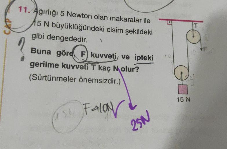 11. Ağırlığı 5 Newton olan makaralar ile
15 N büyüklüğündeki cisim şekildeki
gibi dengededir. 1
Buna göre, F) kuvveti ve ipteki
gerilme kuvveti T kaç Nolur?
(Sürtünmeler önemsizdir.)
ASA
Falay
25N
15 N
F