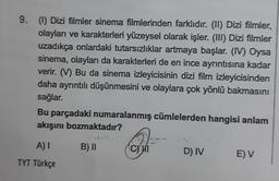 9. (1) Dizi filmler sinema filmlerinden farklıdır. (II) Dizi filmler,
olayları ve karakterleri yüzeysel olarak işler. (III) Dizi filmler
uzadıkça onlardaki tutarsızlıklar artmaya başlar. (IV) Oysa
sinema, olayları da karakterleri de en ince ayrıntısına kadar
verir. (V) Bu da sinema izleyicisinin dizi film izleyicisinden
daha ayrıntılı düşünmesini ve olaylara çok yönlü bakmasını
sağlar.
Bu parçadaki numaralanmış cümlelerden hangisi anlam
akışını bozmaktadır?
B) II
A) I
TYT Türkçe
CYWI
D) IV
E) V