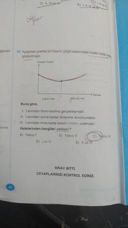 gişimini
zerine
40
D) II, III ve IV
Hiper
Kreatin fosfat
40. Aşağıdaki grafikte bir insanın çizgili kaslarındaki kreatin fosfat mikta
gösterilmiştir.
kasılma
t
D) I ve III
E) I, II, III ve
peuseme
C) I, II ve III
B) Yalnız II
Buna göre,
I. tanından önce kasılma gerçekleşmiştir.
II. tanından sonra kaslar dinlenme durumundadır.
III. tanından önce kasta kreatin miktarı azalmıştır.
ifadelerinden hangileri yanlıştır?
A) Yalnızl
E) II ve III
Zaman
C) Yalnız III
SINAV BİTTİ.
CEVAPLARINIZI KONTROL EDİNİZ.