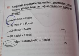 B
T
K
12. Aşağıdaki seçeneklerde verilen yapılardan hangi
ikisinin glikozit bağı ile bağlanmasından nükleozit
oluşur?
A Adenin+Riboz
BAdenin +Fosfat
GRiboz+Fosfat
DJ Fosfat+ Fosfat
E) Adenizin monofosfat + Fosfat
0