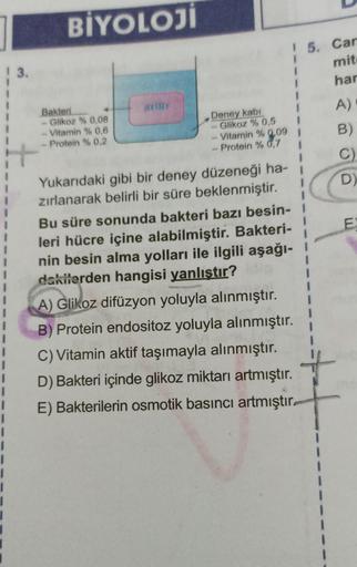 13.
BİYOLOJİ
Bakteri
- Glikoz % 0,08
- Vitamin % 0,6
- Protein % 0,2
OYDAY
Deney kabi
- Glikoz % 0,5
- Vitamin % 0,09 1
- Protein % 0,7
Yukarıdaki gibi bir deney düzeneği ha-
zırlanarak belirli bir süre beklenmiştir.
5. Car
mit
har
Bu süre sonunda bakteri 