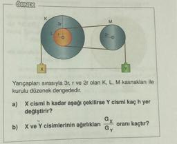 ÖRNEK
X
K
L
3r:
M
2r
Y
Yarıçapları sırasıyla 3r, r ve 2r olan K, L, M kasnakları ile
kurulu düzenek dengededir.
a) X cismi h kadar aşağı çekilirse Y cismi kaç h yer
değiştirir?
b) X ve Y cisimlerinin ağırlıkları
Gx
Gy
oranı kaçtır?