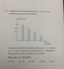 16. Aşağıda diyete başlayan Ramazan'ın her ölçümde
kaydedilen ağırlıkları gösterilmiştir.
A
100
80
B
Ağırlık (kg)
2
3
4
C) 180
Ölçüm
Numarası
Diyetisyeni grafiği incelediğinde, Ramazan'ın n. ölçümle
(n + 1). ölçüm arasında kaybettiği kilonun n. ölçümdeki
kiloya oranının sabit olduğunu tespit ediyor.
Buna göre, A + B kaçtır?
A) 170
B) 176
D) 189
E) 200