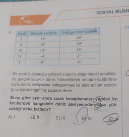 9.
Kent Gerçek sıcaklık
1
11
|||
IV
V
18°
15°
13°
-4
-8°
İndirgenmiş sıcaklık
20°
19°
14°
2°
SOSYAL BİLİML
-6°
C) III
Bir yerin bulunduğu yükselti (rakım) değerindeki sıcaklığı-
na gerçek sıcaklık denir. Yükseltisinin ortadan kaldırılma-
sıyla deniz seviyesine indirgenmesi ile elde edilen sıcaklı-
ğına ise indirgenmiş sıcaklık denir.
Buna göre aynı anda sıcak hesaplamaları yapılan bu
kentlerden hangisinin deniz seviyesinden Olan yük-
sekliği daha fazladır?
CIV
A) I
B) II
DY IV
EV
11
(