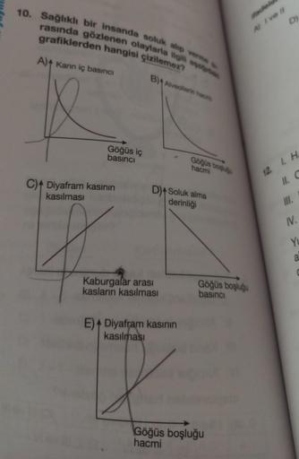 10. Sağlıklı bir insanda soluk alıp vermes
rasında gözlenen olaylarla ilgili agad
grafiklerden hangisi çizilemez?
B) Alveollerin hans
A) Karın iç basıncı
Göğüs iç
basıncı
C) Diyafram kasının
kasılması
D) Soluk alma
derinliği
Kaburgalar arası
kasların kasıl