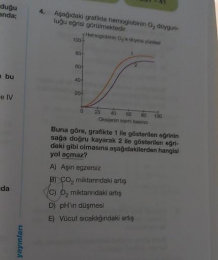 duğu
anda;
bu
e IV
da
yayınları
4.
Aşağıdaki grafikte hemoglobinin O, doygun
luğu eğrisi görülmektedir.
Hemoglobinin Og's doyma yüzdesi
100-
80+
60+
40+
20+
0
40 60 80 100
Oksijenin kısmi basıncı
20
Buna göre, grafikte 1 ile gösterilen eğrinin
sağa doğru k