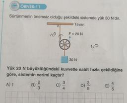 222
ÖRNEK-11
Sürtünmenin önemsiz olduğu şekildeki sistemde yük 30 N'dir.
B)
20
23
C)
Tavan
Yük 20 N büyüklüğündeki kuvvetle sabit hızla çekildiğine
göre, sistemin verimi kaçtır?
A) 1
3
4
F = 20 N
30 N
D)
40
3/5
E)