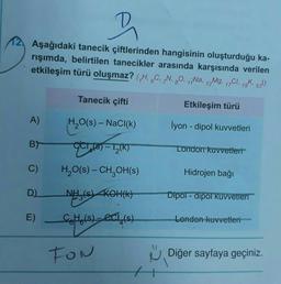 P
Aşağıdaki tanecik çiftlerinden hangisinin oluşturduğu ka-
rışımda, belirtilen tanecikler arasında karşısında verilen
etkileşim türü oluşmaz? (,H, C, N, 80, 17Na, 12Mg, 17Cl, 19K, 53¹)
A)
BY
C)
D)
E)
Tanecik çifti
H₂O(s) - NaCl(k)
qCLAS)-T2(R
-T₂(K)
H₂O(S) - CH₂OH(s)
KOH(K)
NEL(S)
NH (S)
CH(s)-ecl(s)
FON
Etkileşim türü
İyon - dipol kuvvetleri
London kuvvetleri
Hidrojen bağı
Dipol-dipol Kuvvetleri
London kuvvetleri
Diğer sayfaya geçiniz.