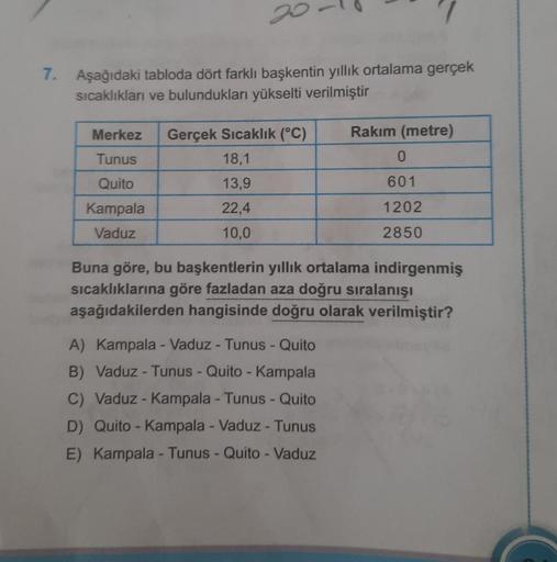 7. Aşağıdaki tabloda dört farklı başkentin yıllık ortalama gerçek
sıcaklıkları ve bulundukları yükselti verilmiştir
Merkez Gerçek Sıcaklık (°C)
Tunus
Quito
Kampala
Vaduz
18,1
13,9
22,4
10,0
Rakım (metre)
A) Kampala - Vaduz - Tunus - Quito
B) Vaduz - Tunus