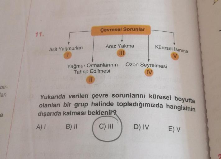 bir-
lan
a
11.
Asit Yağmurları
Çevresel Sorunlar
II
Anız Yakma
Yağmur Ormanlarının
Tahrip Edilmesi
Küresel Isınma
V
Ozon Seyrelmesi
IV
Yukarıda verilen çevre sorunlarını küresel boyutta
olanları bir grup halinde topladığımızda hangisinin
dışarıda kalması b