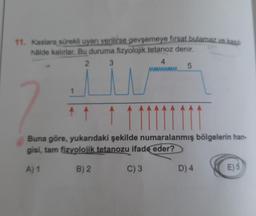 11. Kaslara sürekli uyarı verilirse gevşemeye fırsat bulamaz ve kasılı
hålde kalırlar. Bu duruma fizyolojik tetanoz denir.
4
2
3
Li
↑
wwwww.
5
Buna göre, yukarıdaki şekilde numaralanmış bölgelerin han-
gisi, tam fizyolojik tetanozu ifade eder?
A) 1
B) 2
C) 3
D) 4
E) 5