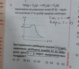 geo-
ge-
rul-
-lan
ma
i
nin
kli
k-
Bu
S-
2
NO(g) + O₂(g) → NO₂(g) + O₂(g)
potepkimesine ait potansiyel enerji (P.E) - tepki-
me koordinatı (T.K) grafiği aşağıda verilmiştir.
P.E
2.
X
56
y
Ea;= c.
Eap- c-b
T.K
İleri tepkimenin aktifleşme enerjisi 3 kj geri.
tepkimenin aktifleşme enerjisi 51 ki oldu-
ğuna göre(x + y değeri aşağıdakilerden
hangisidir?
A) 67
B) 63 C) 60
D) 59
E) 53
Palme Yayınevi
5.
E
Y
A
B
C
D
E)