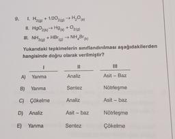 H₂(g)
1. H₂(g) + 1/20
2(g) → H₂O(s)
II. HgO2(k)→ Hg(s) + O2(g)
9. 1.
III. NH3(g) + HBr
1
(g)
Yukarıdaki tepkimelerin sınıflandırılması aşağıdakilerden
hangisinde doğru olarak verilmiştir?
A) Yanma
B) Yanma
C) Çökelme
D) Analiz
E)
Yanma
→ NH₂Br(k)
11
Analiz
Sentez
Analiz
Asit - baz
Sentez
Asit - Baz
Nötrleşme
Asit - baz
Nötrleşme
Çökelme