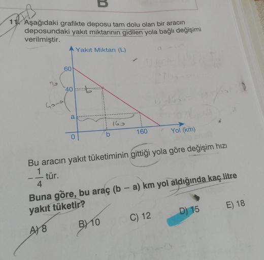 AB
11 Aşağıdaki grafikte deposu tam dolu olan bir aracın
deposundaki yakıt miktarının gidilen yola bağlı değişimi
verilmiştir.
2
60
40
Gamal
a
0
Yakıt Miktarı (L)
b
B) 10
165
160
Yol (km)
Bu aracın yakıt tüketiminin gittiği yola göre değişim hızı
1
tür.
4