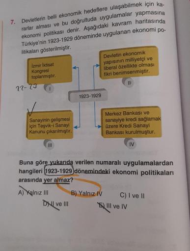 7. Devletlerin belli ekonomik hedeflere ulaşabilmek için ka-
rarlar alması ve bu doğrultuda uygulamalar yapmasına
ekonomi politikası denir. Aşağıdaki kavram haritasında
Türkiye'nin 1923-1929 döneminde uygulanan ekonomi po-
litikaları gösterilmiştir.
İzmir
