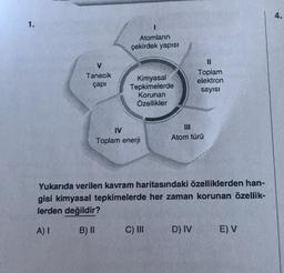 1.
V
Tanecik
çapı
1
Atomların
çekirdek yapısI
Kimyasal
Tepkimelerde
Korunan
Özellikler
IV
Toplam enerji
C) III
11
Toplam
elektron
sayısı
Atom türü
Yukarıda verilen kavram haritasındaki özelliklerden han-
gisi kimyasal tepkimelerde her zaman korunan özellik-
lerden değildir?
A) I
B) II
D) IV
E) V
4.