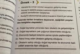 alındığınd
o dengesine
riyle etkileştiği
ak sağlayabilme
bag
alanlarının far
tiyacı artırmış
timini azaltma
urulması
ve g
Örnek - 3
Kanada'da orman ürünleri sanayiinin gelişmiş olması
Norveç'in elektrik enerjisi üretiminin büyük bölümünü hidro-
elektrik santrallerden karşılaması
Kuveyt'in ekonomisinde petrol ihracatının önemli yer tutması
Yukarıda verilen örneklere dayanarak, aşağıdaki yargılar-
dan hangisine ulaşılabilir?
.
●
●
A) Doğal kaynaklar yönünden fakir ülkelerin de gelişebildiğine
B) Doğal kaynakların pek çoğunun tükenmekte olduğuna
C) Ekonomik faaliyet türlerinin zaman içinde çeşitlendiğine
D) Petrol ihraç eden ülkelerin gelişmiş olduğuna ally
E) Ülkelerin sahip olduğu doğal kaynaklar ile ekonomik faali-
yetleri arasında ilişki olduğuna
A
la
1