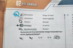 02 AYT EDEBİYAT
6.
Romantizm
11. Sembolizm
Realizm
V Klasisizm
ramla ilişkilendirilemez?
WI
Bll
Duygu ve hayal
Anlam kapalılığı
Bilinçaltı
Kuralcılık
Egzistansiyalizm
Numaralandırılmış akımlardan hangisi karşındaki kav-
C) III
Bunalım
D) IV
E
9.
K
g
n
g
b
k
S
S