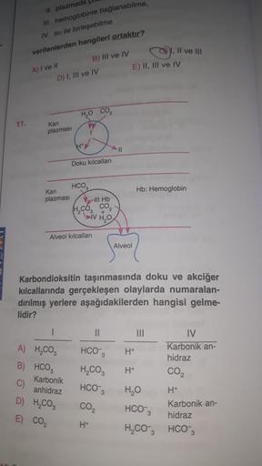 II. plazmada
III. hemoglobinle bağlanabilme,
IV. su ile birleşebilme
verilenlerden hangileri ortaktır?
11.
A) I ve II
D) I, III ve IV
Kan
plazması
Kan
plazması
B) III ve IV
|
A) H₂CO3
B) HCO3
C)
D) H₂CO3
E) CO₂
HỌ CO,
n
T
H*
Karbonik
anhidraz
Doku kılcalla