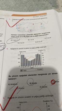 derilmiş-
taya
gör-
an-
8.
7.
DOGAL SISTEMLER
kim Bilgisi-Türkiye ikimi
Aşağıdaki haritada bazı yerler numaralandınlarak gösterilmiş
tir.
Haritada numaralarla gösterilen alanlardan hangilerinde
yazlar sıcak ve kurak, kışlar ılık ve yağışlı geçmektedir?
A) I vedl
D) II ve IV
A) Ardahan
150-
Aşağıda bir yörenin sıcaklık ve yağış grafiği verilmiştir.
Yağış (mm)
Sıcaklık (°C)
100-
50-
0
B) I ve III
Yağış
E) III ve IV
OSMNMHTAEEKA
Aylar
D) Konya
150-
25
- 20
15
- 10
5
~Sıcaklık
Bu yörenin aşağıdaki alanlardan hangisinde yer alması
beklenir?
B) Muğla
C) II ve III
0
E) Bursa
9. Aşağıda bir yörenin sıcaklık ve yağış grafiği verilmiştir.
Yağış (mm)
Sıcaklık (°C)
C Rize
-30
25