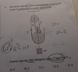 4.
Her birinin ağırlığı P plan makaralardan oluşmuş dü-
zenek F şiddetindeki kuvvetle dengededir
3
6
F.
A) 2
G
2.119.
G
B) 3
F
F
10P
C) 4
2F =
Cismin ağırlığı 10P olduğuna göre, F kaç P'dir? +
10+P
2F = G
2F-6-
D) 5
E) 6