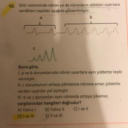 10. Sinir sisteminde nöron ya da nöronların aldıkları uyarılara
verdikleri tepkiler aşağıda gösterilmiştir.
a
C
ill
ñ
~~~~~~
b
Buna göre,
1. a ve b durumlarında nöron uyarılara aynı şiddette tepki
vermiştir.
II. c durumunun ortaya çıkmasına nörona artan şiddette
verilen uyarılar yol açmıştır.
III. b ve c durumları aynı nöronda ortaya çıkamaz.
yargılarından hangileri doğrudur?
A) Yalnız I
D) I ve III
B) Yalnız II
E) II ve III
C) I ve II