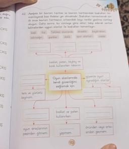 lardan
doğru
ip edin.
ÇIKIŞ
ÇIKIŞ
CIKIS
ÇIKIŞ
CIKIŞ
KIŞ
KIŞ
IŞ
42. Aşağıda bir kavram haritass ve kavram haritoundain boon to
mamlayacak bazı ifadeler yer almaktadir. Boşluklon tomonlamak in
ilk önce kavram haritasinin ortasindaki koyu renkle yazims coming
okuyun. Daha sonra, bu cümleye göre oklon takip eder verlin
kelimelerden uygun olanlar ile boşluklan tamamlayn.
kask
Tehlikeli alanlarda
hiz
salıncağın parklar
ters ve yüzüstü
kaymam.
oyun araçlarımın
peşinden gitmem.
bisiklet, paten, kaykay ve
kzak kullanırken takarım.
Oyun alanlarında
kendi güvenliğimi
sağlamak için
dirukk
bisiklet ve paten
kullanırken
yapmam.
113
in pron
güvenle oyun
oynadigim alanlar
önünden veyo
sından geçmem