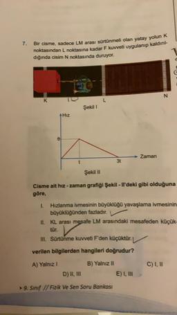 7.
Bir cisme, sadece LM arası sürtünmeli olan yatay yolun K
noktasından L noktasına kadar F kuvveti uygulanıp kaldırıl-
dığında cisim N noktasında duruyor.
1
D
Hız
Şekil I
3t
III. Sürtünme kuvveti F'den küçüktür.
verilen bilgilerden hangileri doğrudur?
A) Yalnız I
B) Yalnız II
D) II, III
9. Sınıf // Fizik Ve Sen Soru Bankası
Zaman
Şekil II
Cisme ait hız-zaman grafiği Şekil - Il'deki gibi olduğuna
göre,
I.
N
Hızlanma ivmesinin büyüklüğü yavaşlama ivmesinin
büyüklüğünden fazladır.
II. KL arası mesafe LM arasındaki mesafeden küçük-
tür.
E) I, III
G
C) I, II