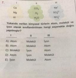 7.
1
Ca
Mg
Al
A) Atom
B) Atom
C) Molekül
D) Atom
E) lyon
||
||
CO₂
0₂
H₂O
Yukarıda verilen kimyasal türlerin atom, molekül ve
iyon olarak sınıflandırılması hangi seçenekte doğru
yapılmıştır?
I
Molekül
Molekül
lyon
İyon
Molekül
Na*
So
lyon
Atom
Atom
Molekül
Atom
NHA