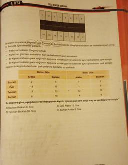 .
4. TEST
.
•
Bayram
Celil
Teoman
Burhan
1
Araba
2
14
11
8
2022 BENZER SORULAR
2
A) Bayram-Bisiklet-8. Sıra
C) Teoman-Bisiklet-10. Sıra
3
4
Bir sitenin otoparkına Bayram, Celil. Teoman ve Burhan belirli bir döngüyle arabalarını ve bisikletlerini park etmiş-
tir. Bununla ilgili bilinenler şunlardır:
Araba ve bisikletin döngüsü farklıdır.
Kişiler her gün hem arabalarını hem de bisikletlerini park etmektedir.
Bir kişinin arabasını park ettiği yerin karşısına sonraki gün her seferinde aynı kişi bisikletini park etmiştir.
Bir kişinin bisikletini park ettiği yerin karşısına sonraki gün her seferinde aynı kişi arabasını park etmiştir.
Kişilerin ilk iki gün kullandıkları park yerleriyle ilgili tablo şu şekildedir:
Birinci Gün
5
6
7
Bisiklet
5
10
13
16
--------
16 15 14 13 12 11 10 9
8
Araba
7
1
12
4
İkinci Gün
Bisiklet
3
9
15
6
Bu bilgilere göre, aşağıdakilerden hangisinde kişinin üçüncü gün park ettiği araç ve yer doğru verilmiştir?
B) Celil-Araba-13. Sıra
D) Burhan-Araba-5. Sıra
BULE DADAGRA