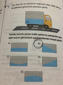 ket
dir.
ende
A)
Yarı dolu bir su tankerinin doğrusal yatay yolda sabit hız
ile giderken görünümü şekildeki gibidir.
Tanker kırmızı yanan trafik ışıklarına yaklaşırken depo-
daki suyun görünümü aşağıdakilerden hangisi gibidir?
C)
Su
E)
B)
D)