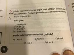 ara-
ste-
78
inhtelniajos nisovie
11. İskelet kaslarının kasılması birçok farklı faktörün etkisiyle ger
çekleşmektedir. Bunların içerisinde en önemlilerinden biriyse
miyofibril yapılarıdır.
Buna göre,
I. miyoglobin,
II. miyozin,
III. sarkomer
ul
S
and ev ninogostini
yapılarından hangileri miyofibril çeşididir?
A) Yalnız I
B) Yalnız II
D) I ve III
E) II ve III
C) I ve II
3. Bir
ha
A