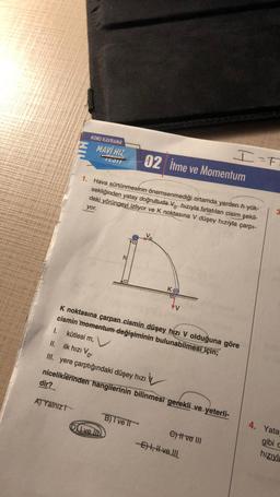 dir?
KONU KAVRAMA
02 itme ve Momentum
1. Hava sürtünmesinin önemsenmediği ortamda yerden h yük-
sekliğinden yatay doğrultuda V. hızıyla fırlatılan cisim şekil-
deki yörüngeyi izliyor ve K noktasına V düşey hızıyla çarpı-
yor.
A) Yalnız
MAVİ HIZ
ICON
h
kütlesi m, V
10
K noktasına çarpan cismin düşey hızı V olduğuna göre
cismin momentum değişiminin bulunabilmesi için;
Dve lib
1.
II. ilk hızı Vo
III. yere çarptığındaki düşey hızı
niceliklerinden hangilerinin bilinmesi gerekli ve yeterli-
K
B) I ve II
VV
I= F
C) II ve III
-E) I, II ve III
4. Yata
gibi c
hızıyla