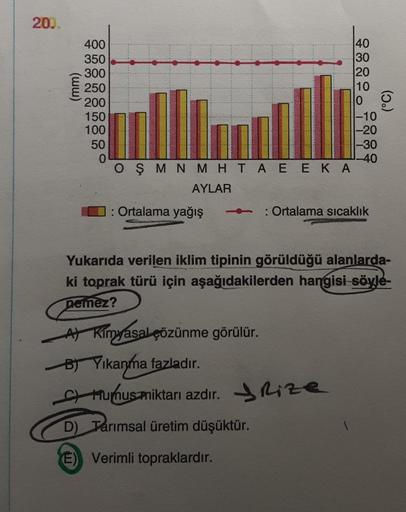 20..
(mm)
400
350
300
250
200
150
100
50
0
40
30
20
10
o g
-10
-20
OŞ MN MHTA EEKA
AYLAR
: Ortalama yağış 1 : Ortalama sıcaklık
A) Kimyasal çözünme görülür.
BYıkanma fazladır.
Humus miktarı azdır. Rize
-30
-40
Yukarıda verilen iklim tipinin görüldüğü alanl