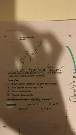 9.
10.
FEN BİLİMLERİ
İyonlaşma enerjisi
(kj/mol)
Z
Atom no
Kuralı hatırlatır
hatırlatır mısınız.
Yukarıda aynı periyotta bulunan X, Y, Z, T ve K elementleri-
nin birinci iyonlaşma enerjileri verilmiştir.
K
Buna göre,
Z'den elektron koparmak Y'ye göre daha kolaydır.
Y'nin değerlik elektron sayısı 2'dir..
D) I ve II
1.
II.
III. X'in çapı en büyüktür.
IV. T halojen, K soy gazdır.
ifadelerinden hangileri kesinlikle doğrudur?
A) I ve Ill
B) II ve IV
PH
C) I ve IV
E) II ve III
HIN=
11.
Yul
ver
Bu
A)
B)
BU
D)
E)
12. X,
Zr