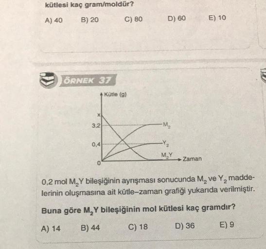 kütlesi kaç gram/moldür?
A) 40
B) 20
e
ÖRNEK 37
X
3,2
0,4
0
C) 80
Kütle (g)
D) 60
-M₂
M.Y
→ Zaman
E) 10
2
0,2 mol M₂Y bileşiğinin ayrışması sonucunda M₂ ve Y₂ madde-
lerinin oluşmasına ait kütle-zaman grafiği yukarıda verilmiştir.
Buna göre M₂Y bileşiğinin