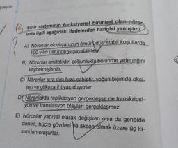 bireyde
6.
Sinir sisteminin fonksiyonel birimleri olan nöron-
larla ilgili aşağıdaki ifadelerden hangisi yanlıştır?
A) Nöronlar oldukça uzun ömürlüdür, stabil koşullarda
100 yılın üstünde yaşayabilirler
B) Nöronlar amitotiktir, çoğunlukla bölünme yeteneğini
kaybetmişlerdir.
Pe
C) Nöronlar sıra dışı hıza sahiptir, yoğun biçimde oksi-
jen ve glikoza ihtiyaç duyarlar.
DY Nöronlarda replikasyon gerçeklesse de transkripsi-
ANT
yon ve translasyon olayları gerçekleşmez.
E) Nöronlar yapısal olarak değişken olsa da genelde
dentrit, hücre gövdesi ve akson olmak üzere üç kı-
sımdan oluşurlar.